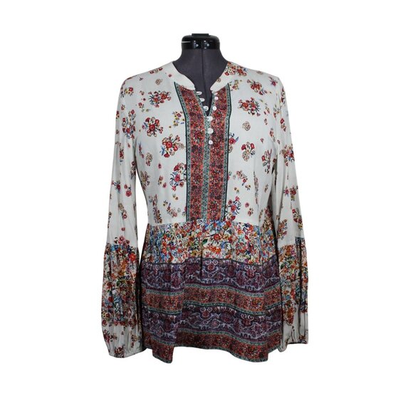 Fifteen Twenty women's button front floral print boho peasant tunic blouse L - Picture 1 of 10